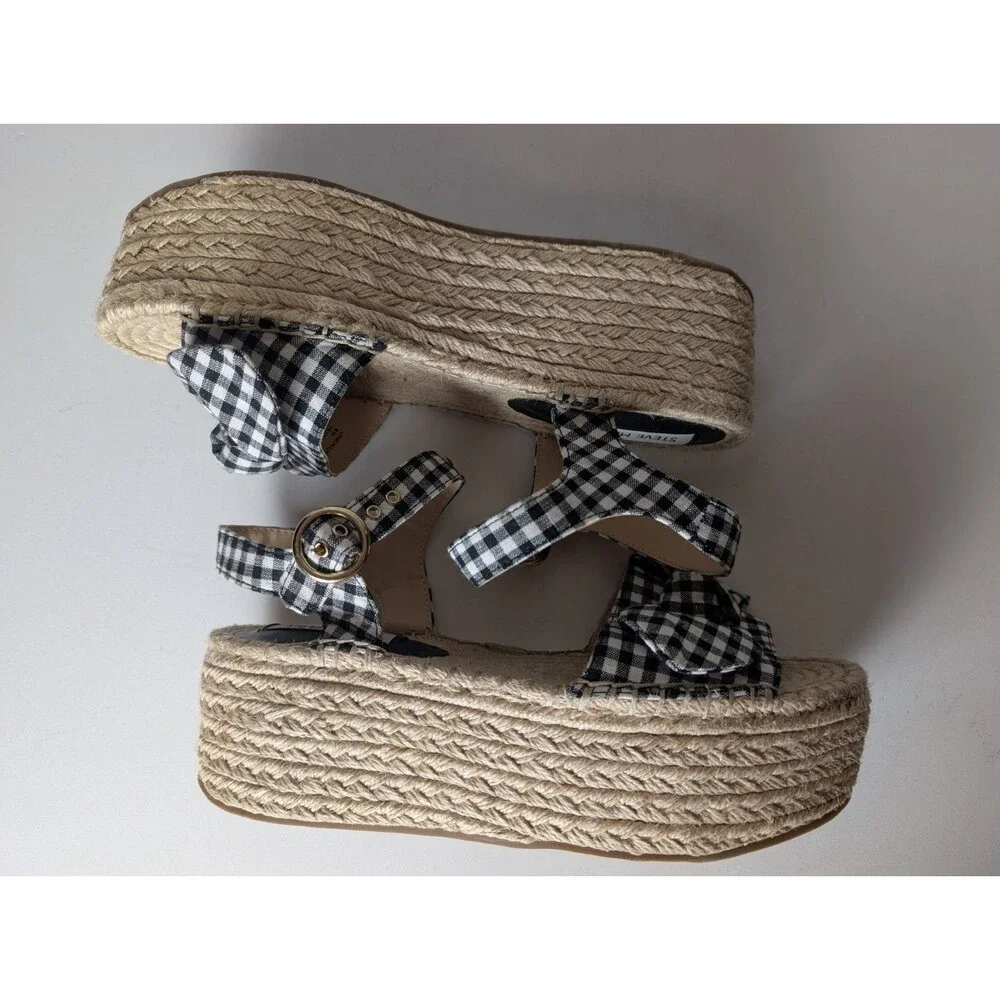 Steve Madden Union Espadrilles Shoes Gingham Bow Black White Size 8M Summer